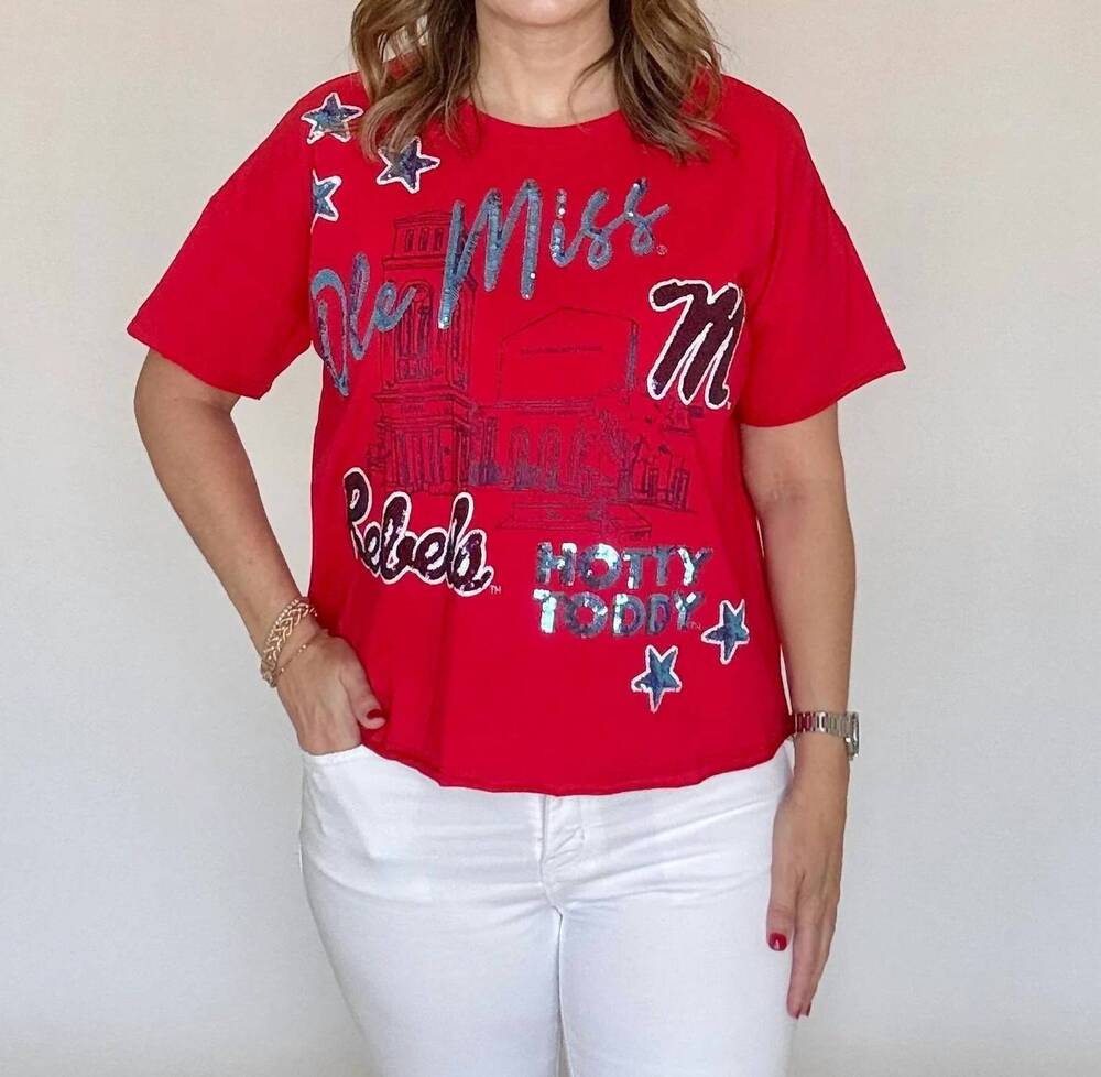 NEW STEWART SIMMONS ole miss 4th quarter sequin tee in red